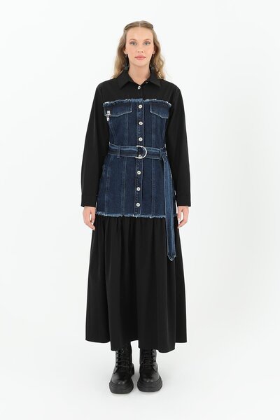 Soul Denim Detaylı Kemerli Uzun Elbise - 32008ELB - BLACK-BLUE