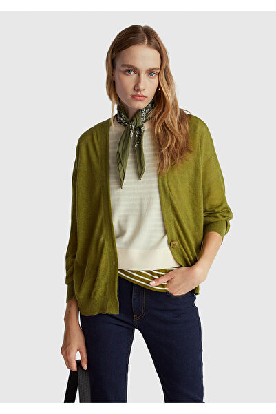 United Colors of Benetton Women's khaki green alpaca and wool blend ribbed button cardigan