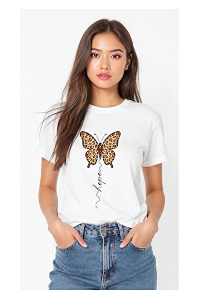 OEM - Tricou alb din bumbac cu imprimeu fluture, stil casual