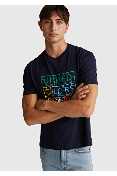 United Colors of Benetton Bărbați, culoare bleumarin cu imprimeu bumbac 100% ...