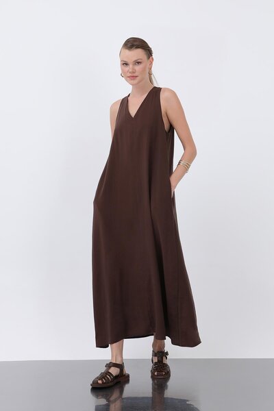 Soul Women's Triangle Neck Strap Midi Dress -32241Elb - Brown