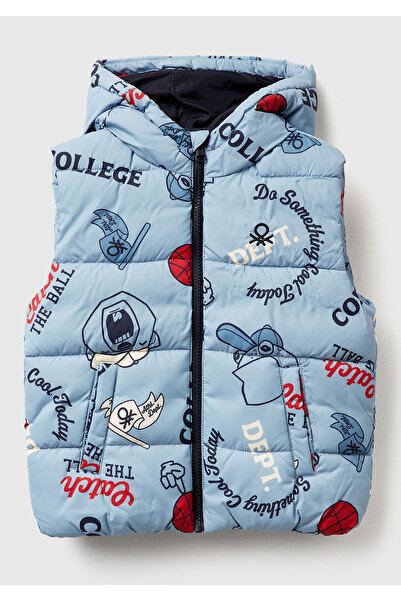 United Colors of Benetton Момчешка светлосиня жилетка с качулка, подплатена, с цип и изцяло отпечатано лого