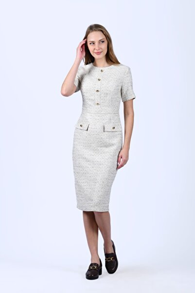 la luce Bej Dokulu Düğme Detaylı Elbise - QE379