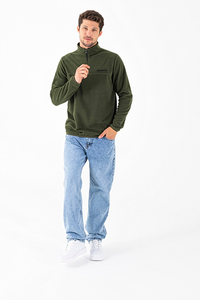 JB John Borners Ανδρικό φούτερ με μισό φερμουάρ John Borners με κέντημα από φλις χακί - 25K 6001