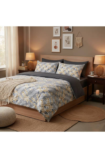 MyStory Home Dupla méretű paplanhuzat szett rugalmas lepedővel, Kırkyama füstölt