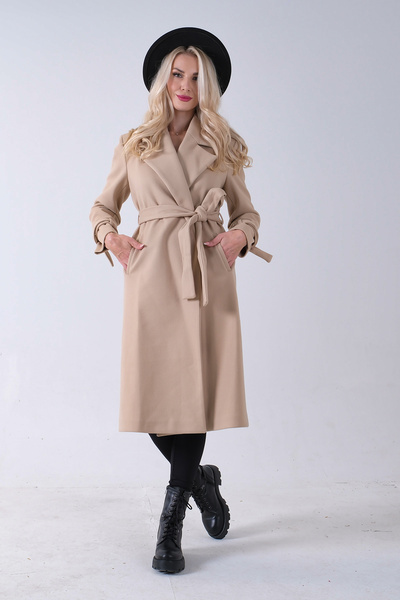 Feminist Kol Bağlamalı Seyyar Kuşaklı Uzun Kaşe Kaban Bej 41630051