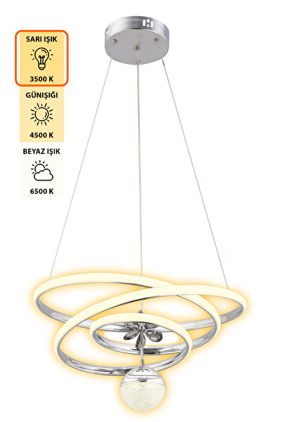 Dekorluna Mero 3 Renk Işık Özellikli Modern Krom Kaplama Sarkıt Led Avize Salon Avize