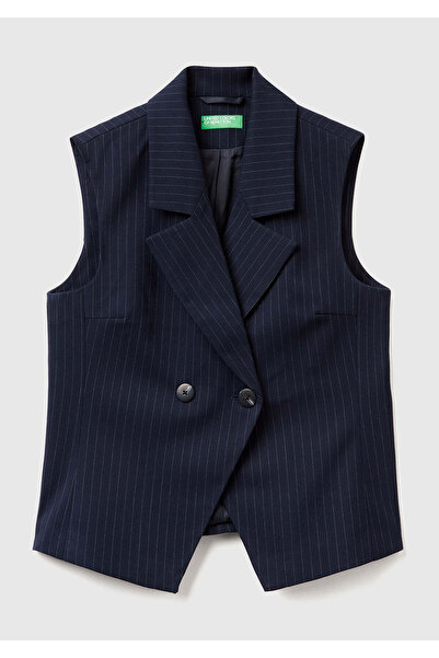 United Colors of Benetton Women's Navy Blue Patterned Viscose Blended Buttoned Double-Breasted Vest