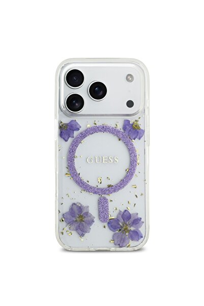 Guess جراب MagSafe Resin لهاتف iPhone 17 Pro - بنفسجي، بنقشة زهور لامعة، رفيع...