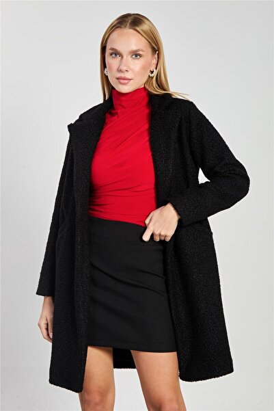 BARRELS AND OIL Women's single button bouclé Double-Breasted collar coat - black