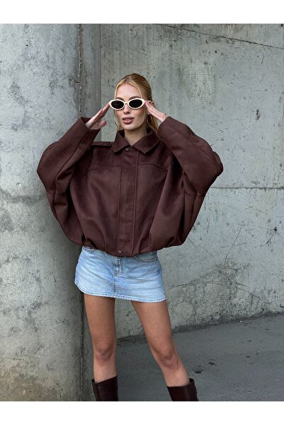 sportiness Oversized Suede Fabric Jacket with Epaulet Detail