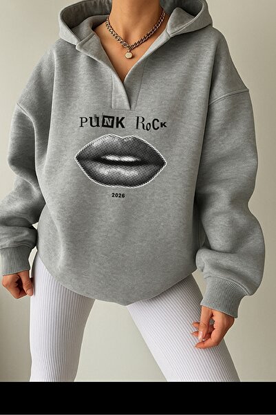 Deocept Unisex Gray V-Neck Hooded Printed Oversized Sweatshirt