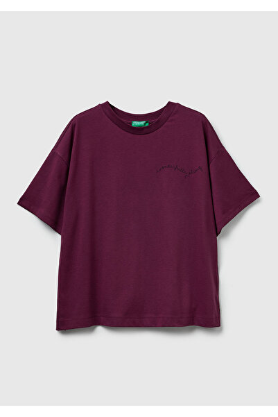 United Colors of Benetton Women's Plum 100% Cotton Chest Lettering Printed Crew Neck T-Shirt