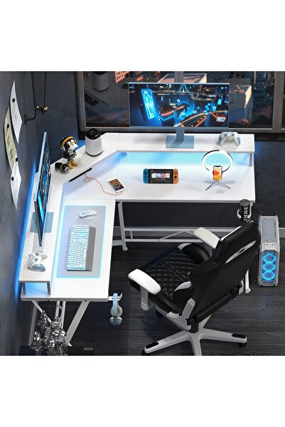 Gogoya طاولة ألعاب على شكل حرف L مقاس 50.4 بوصة مع حامل شاشة وحامل أكواب وطاو...