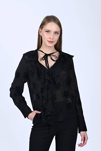 la luce Siyah Çiçekli Volanlı Tül Bluz - QB203