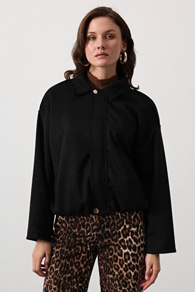 VAGGON Women's Black Zipper Closure Shirt Collar Bomber Suede Jacket Vs01417