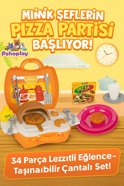 Pshoplay Pizza and Bbq Set with Bag – 34 Piece Portable Kitchen Play Set