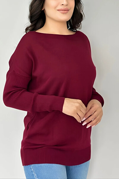 Bİ.GİYSEN سترة نسائية بوردو برقبة دائرية وجيب جانبي قماش قابل للتمدد ناعمة الملمس ورقيقة محبوكة