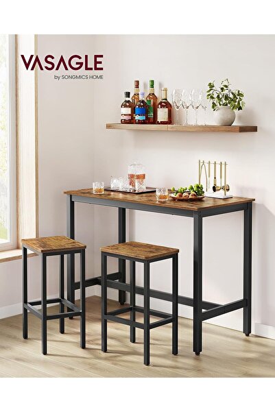 VASAGLE Bar table set with 2 chairs, steel frame, wooden top, industrial style, 120x60x90cm, brown