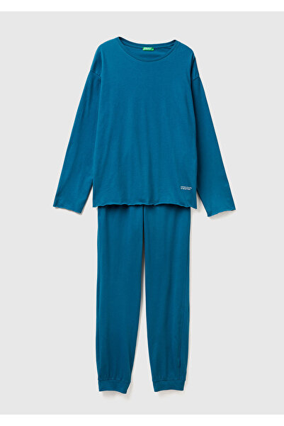 United Colors of Benetton Kadın Mavi %100 Pamuk Üstü Bisiklet Yaka Altı Logolu Pijama Takımı