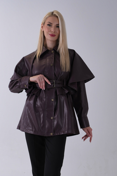 Feminist Yakalı Kendinden Pelerinli Kemerli Deri Ceket Bordo 5309366