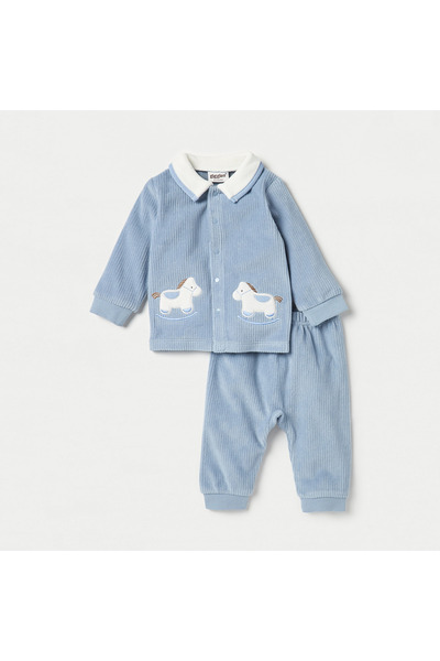 giggles Rocking Horse Applique Long Sleeves Shirt and Velour Pyjama Set