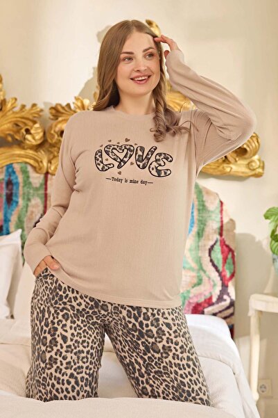 Aydoğan Σετ Πιτζάμες Θερμικής Προστασίας Μεγάλου Μεγέθους Γυναικεία Μακρυμάνικη 240682 Μπεζ