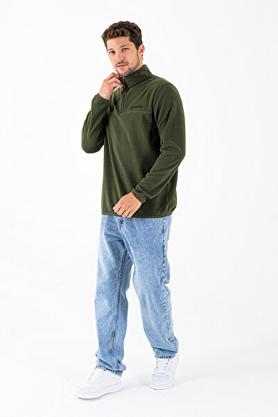 JB John Borners Ανδρικό φούτερ με μισό φερμουάρ John Borners με κέντημα από φλις χακί - 25K 6001