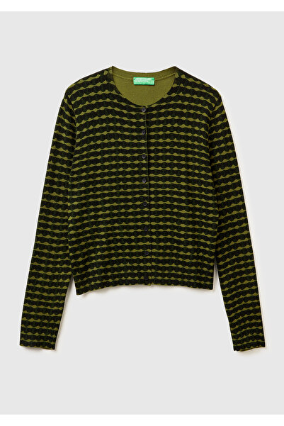 United Colors of Benetton Women's Khaki Green Viscose Blend All over Patterned Buttoned Cardigan