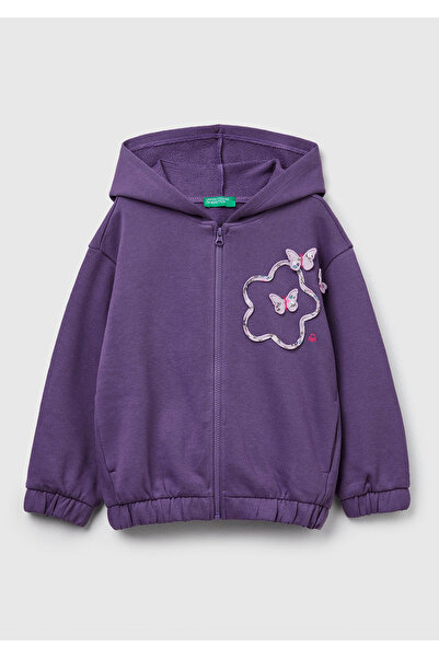 United Colors of Benetton Kız Çocuk Mor Önü Aplikeli Fermuarlı Yan Cepli Kapü...