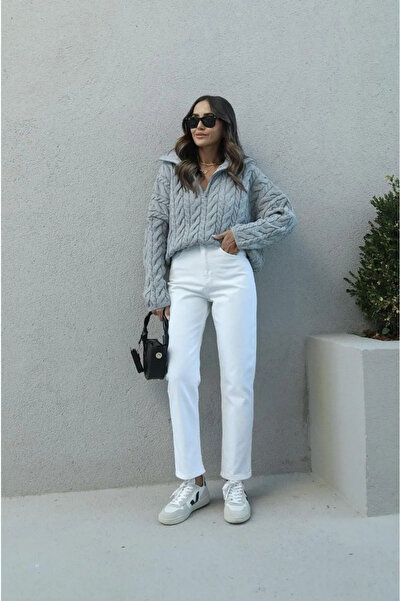 kleshus High Waist White Mom Jean Stretch Fabric Relaxed Fit Denim Pants-1