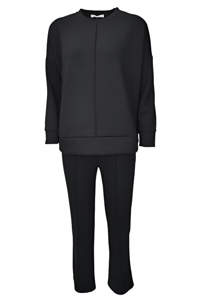 birizmoda Comfortable Fit Wide Leg Modal Fabric Long Sleeve Tracksuit Set - Black