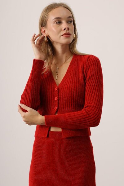 VAGGON Women's Red V-Neck Cardigan and Midi Length Skirt Knitwear Set Vs01419