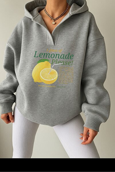 Deocept Unisex Gray V-Neck Hooded Printed Oversized Sweatshirt