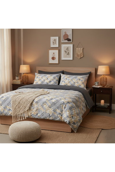 MyStory Home Dupla méretű paplanhuzat szett rugalmas lepedővel, Kırkyama füstölt