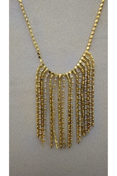 Çelik Necklace with Zircon Stone in Gold and Silver Colors Fringed Model