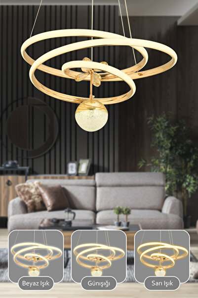 Dekorluna Mero 3 Renk Işık Özellikli Modern Gold Kaplama Sarkıt Led Avize Salon Avize