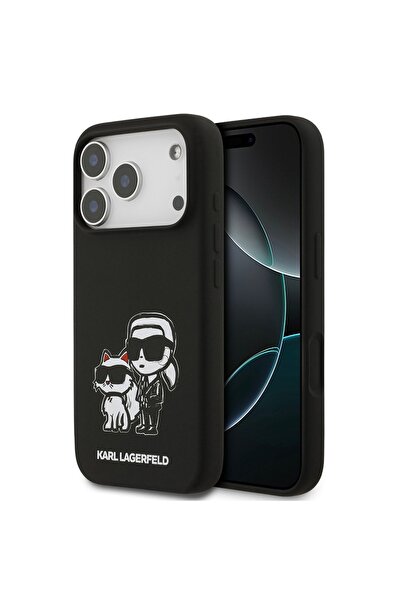 Karl Lagerfeld غطاء سيليكون سائل مع رسومات كارل وشوبيت لجهاز آيفون 17 برو ماك...