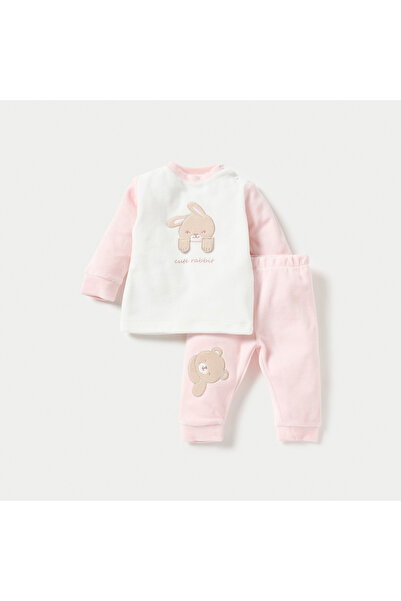 Juniors Bunny Applique Long Sleeves Velour Sweatshirt and Pyjama Set