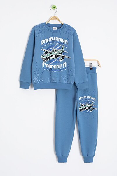 Cansın Mini Set de trening pentru băiat albastru cu scris personaj cu imprimeu cu căptușeală din fleece 23288