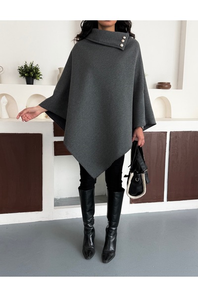 moda biz Women's Woven Collar Button Detailed Stylish Design Hijab Gray Poncho