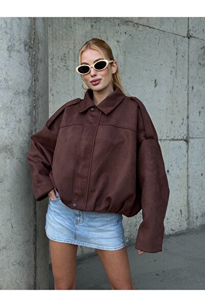 02Lady Fashion Oversized Suede Fabric Jacket with Epaulet Detail