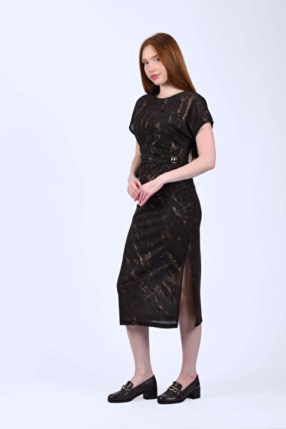 la luce Kahve Drapeli Midi Elbise - QE380