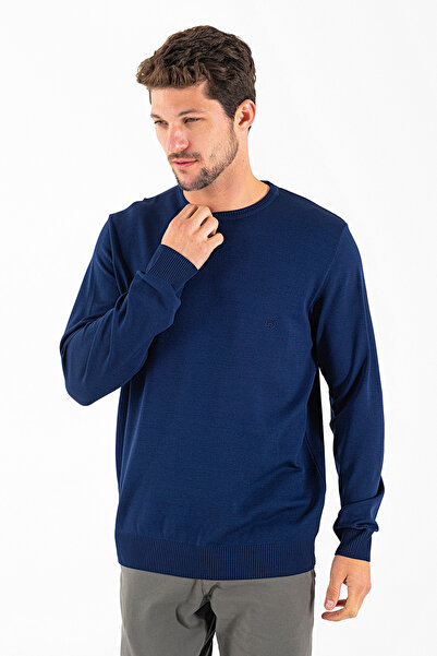 JB John Borners Men's Crew Neck Jb Embroidered Knit Sweater Navy Blue - K-2601