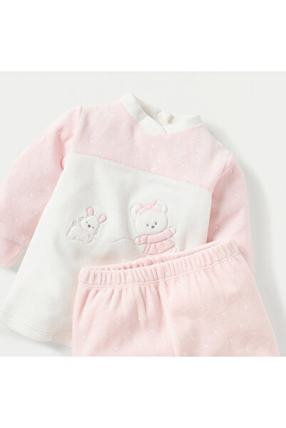 Juniors Teddy and Mouse Applique Long Sleeves Velour Sweatshirt and Pyjama Set