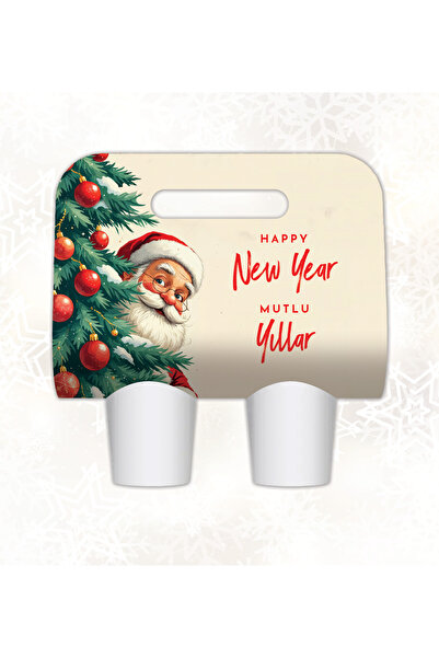 AYKUT OFSET Yeni Yıl 2'li Karton Bardak Taşıyıcı,Kahve Taşıyıcı,100'lü Paket,Bardak Taşıma Çantası