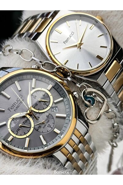 Ferrucci ساعات للعشاق، سوار فولاذي بلون فضي أصفر، في علب هدايا منفصلة مع سوار...