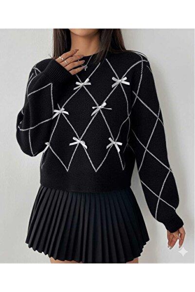 SAYZEN Tricot Sweater with Baklava Patterned Ribbon/Bow Detail