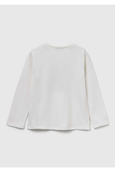 United Colors of Benetton Girl's Ecru Regular Fit Sweatshirt with Printed Ribbed Collar on the Front