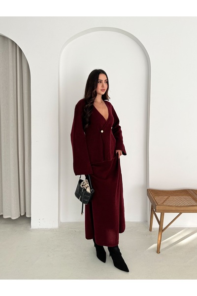 b buhari bykoc Soft Textured Double-Breasted Cardigan and Skirt Knitwear Set